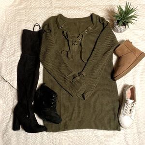 Dark olive green lace up criss cross sweater